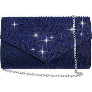 Women Navy Blue Imported Magnetic Purse Rhinestone Envelope Party Handbag